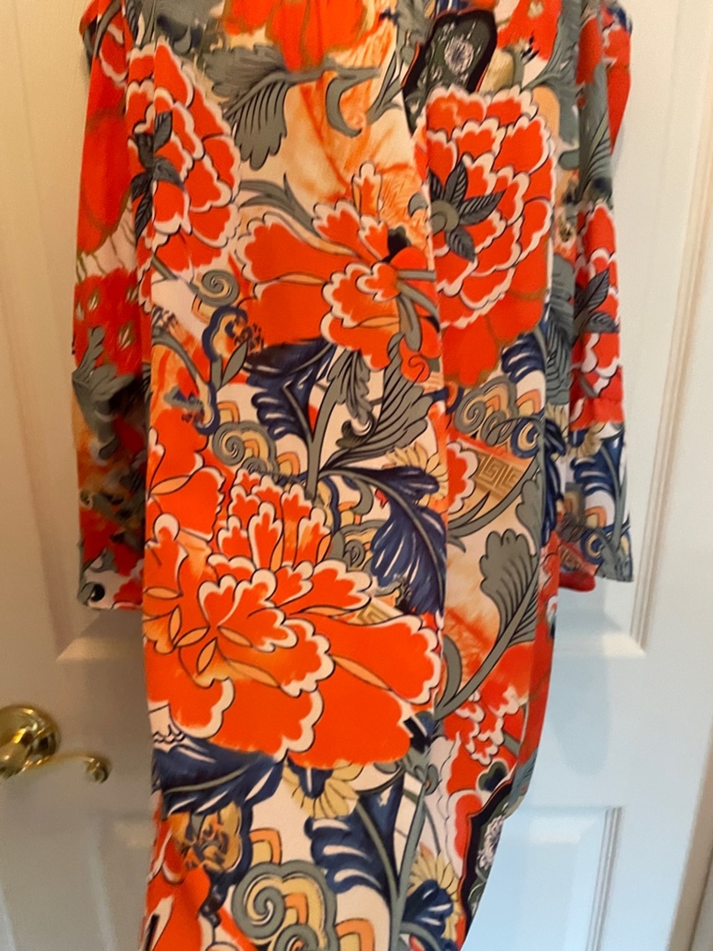 Peter Nygard Plus Vibrant Coral & Sage Floral Tie-Neck Blouse - Picture 8 of 12